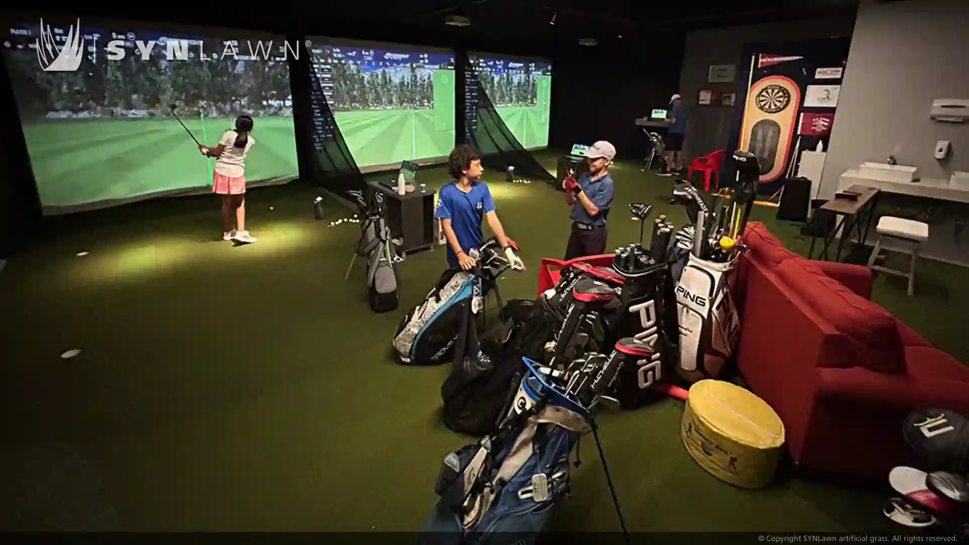 image of indoor golf simulator home studio training school practice facility using synlawn artificial grass