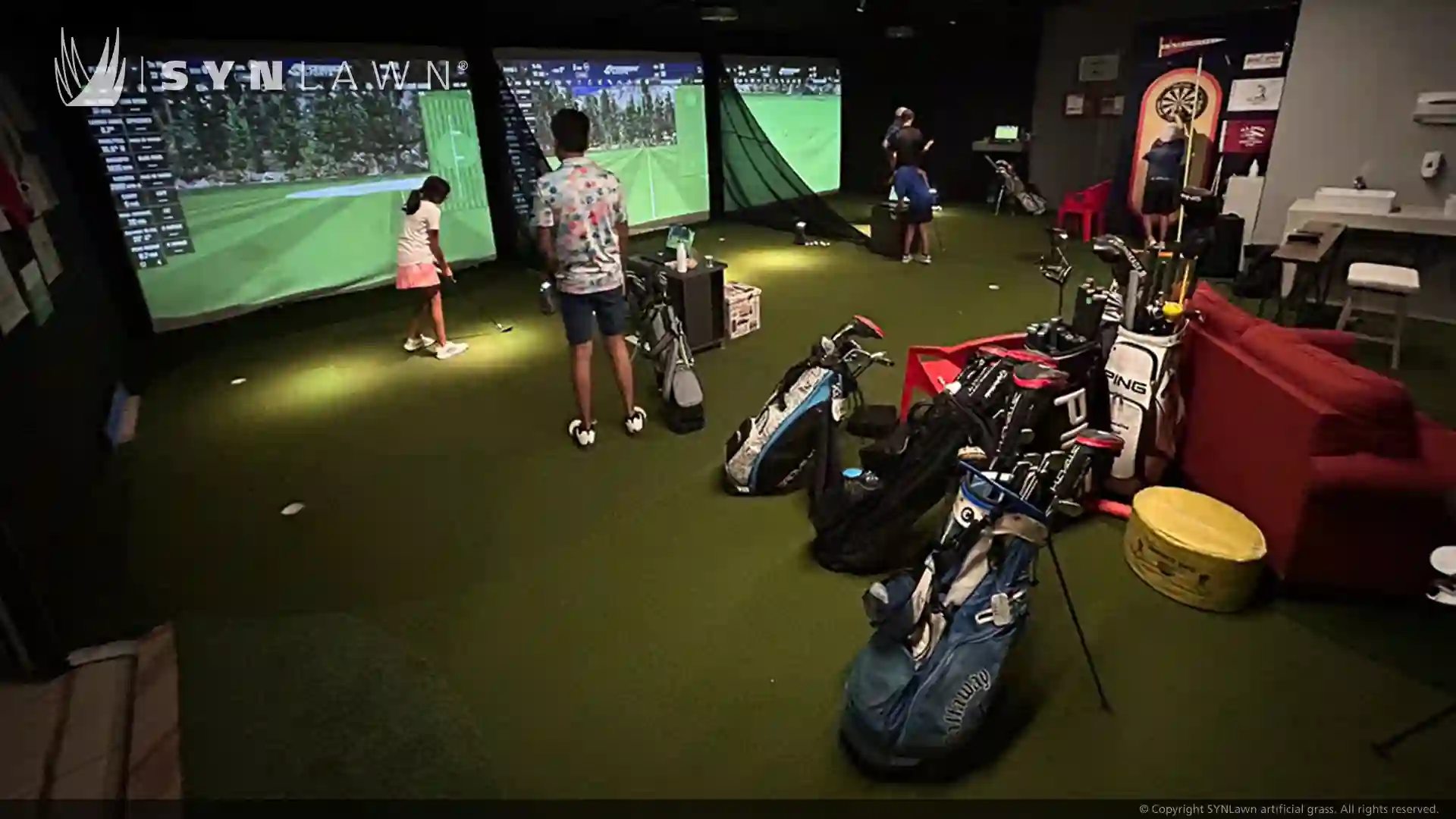 image of indoor golf simulator home studio training school practice facility using synlawn artificial grass