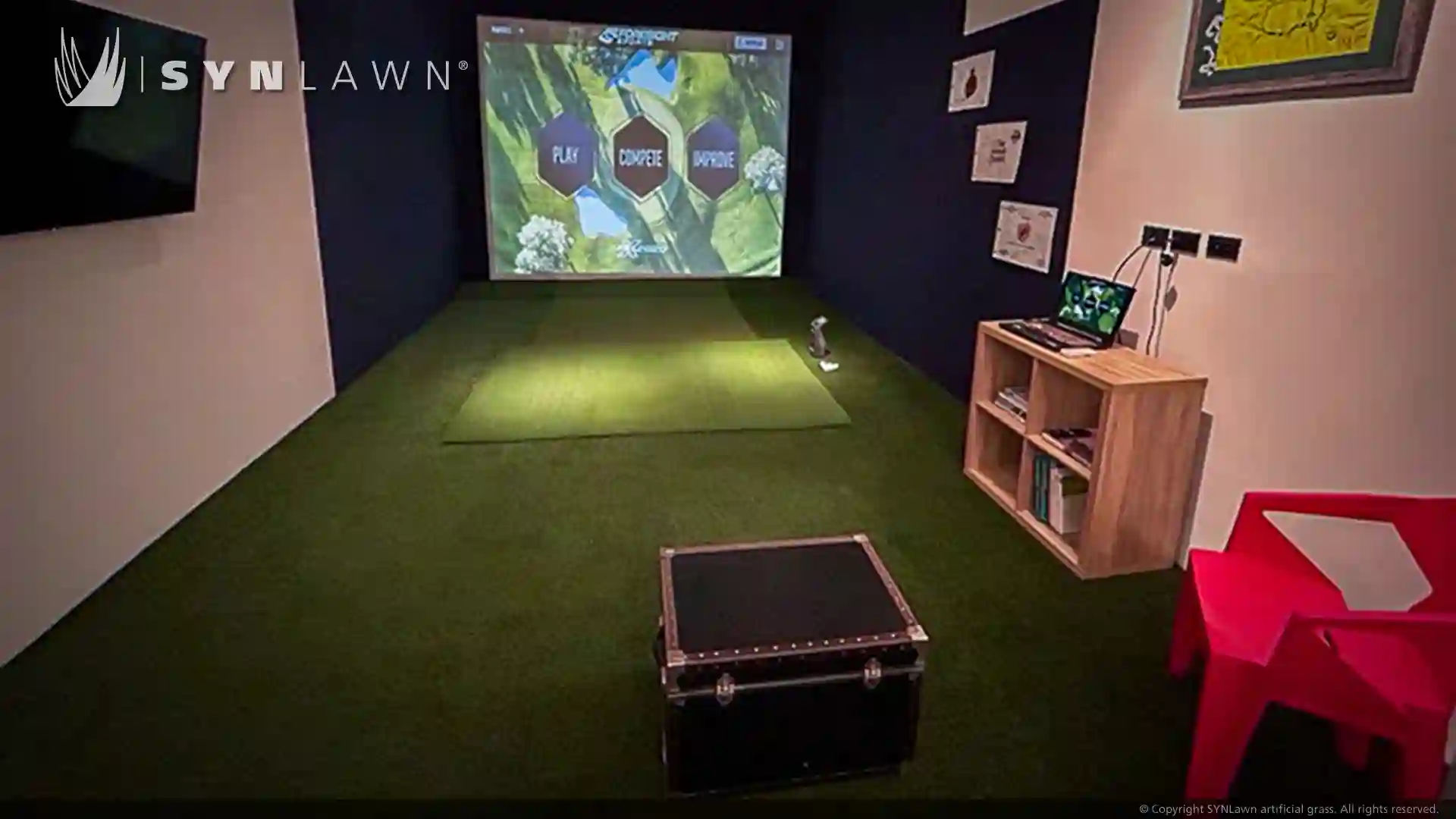 image of indoor golf simulator home studio training school practice facility using synlawn artificial grass